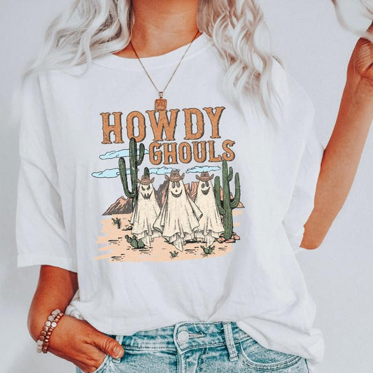 Howdy Ghouls Desert Shirt  (COMFORT COLORS T-SHRIT, CAUSAL SHIRT UNISEX, HALLOWEEN CLOTHING, GRAPHIC APPAREL) Cotton Fabric