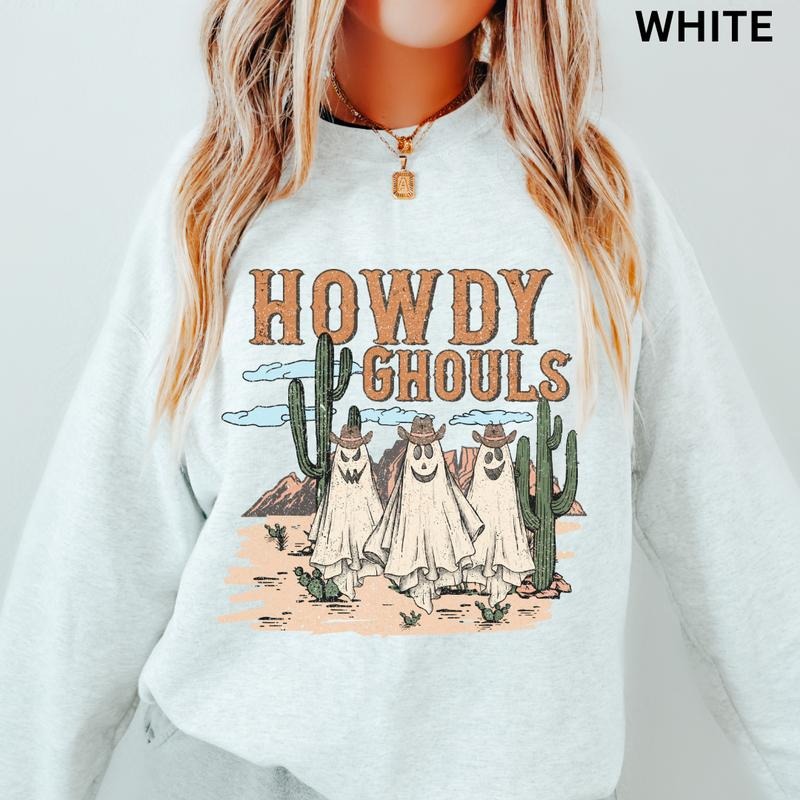 Howdy Ghouls Halloween Sweatshirt, Western Ghost Crewneck, Desert Halloween Graphic Shirt, Casual Cotton Unisex Halloween...