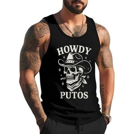 Howdy Putos Skull Cowboy Hat Western Texas Vintage Humor Unisex Tank Top, Cotton, Size S-3XL