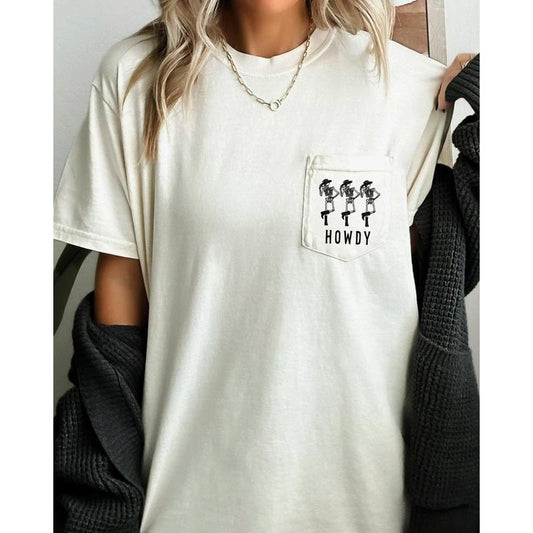 Howdy Skeleton, Cowboy, Halloween Pocket Tee, Women's, Comfort Colors Tee, Spooky, Tshirt, Witch, Pumpkin, Ghost, Skeleton