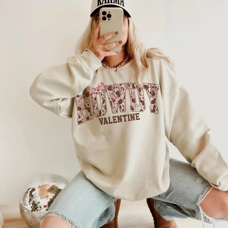 Howdy Valentine Coquette Bow Tee, Valentines Cow Holiday Shirt, Valentines Cow Print, Valentine Day Coquette Bow Shirt, Gift for Her