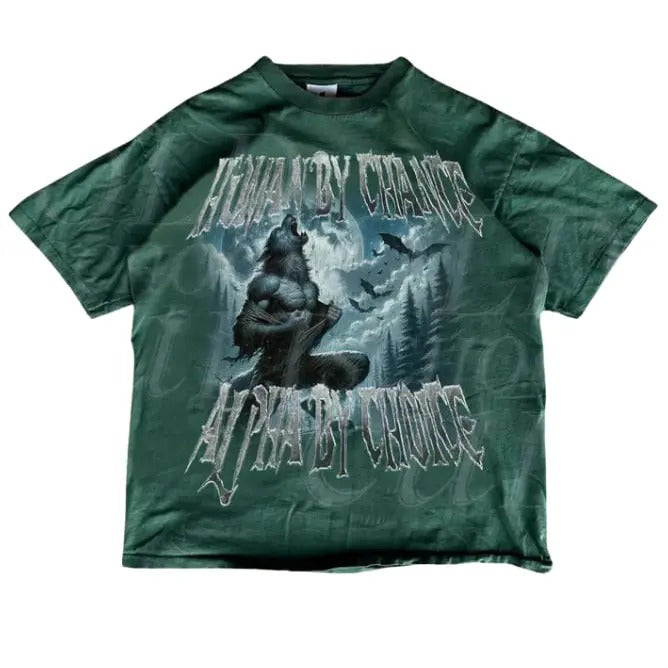 Human By Chance Alpha By Choice Wolf Shirt, Vintage 90s Style Werewolf Shirt, Wolf Emo Meme Shirts, Mental Health Shirt, Wolf Sigma, Menswear Top