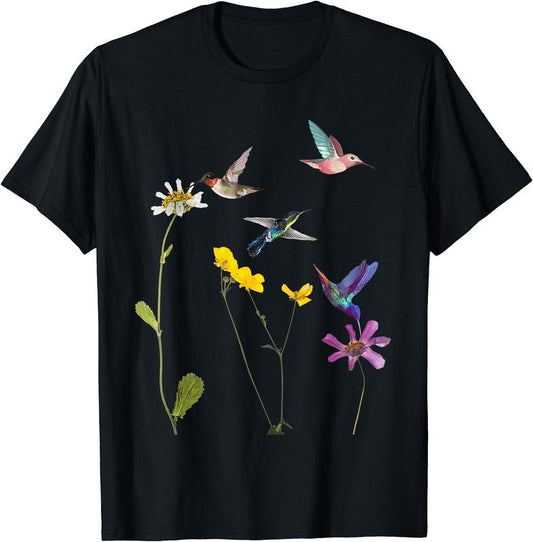 Hummingbird and Flowers T-Shirt | Unisex Cotton Tee Gift, Crewneck, Short Sleeve