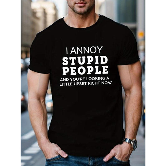 Humorous Graphic Tee - Comfy Breathable Casual Daily Short Sleeve Crew Neck Print T-Shirt for Summer, Stupid People Annoyer Made in USA