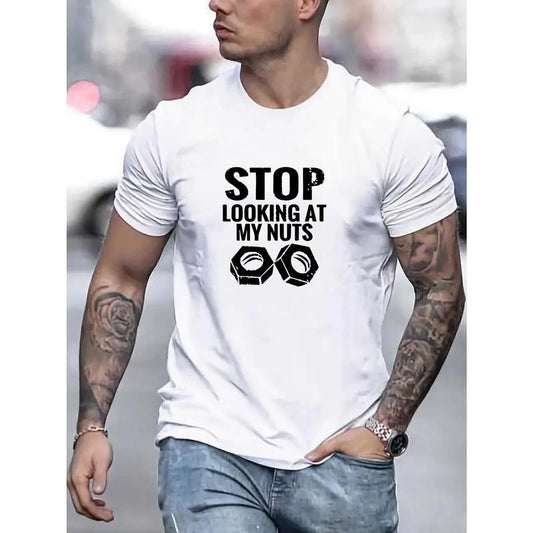 Humorous Stop Looking At My Nuts Mens T-Shirt - Soft & Breathable Cotton - Perfect for Casual Wear Made in USA