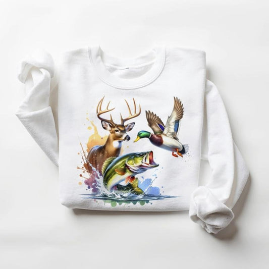 Hunting Buck Deer Duck Fishing Largemouth Bass Fish T-Shirt Unisex Sweatshirt Hoodie Cotton Menswear