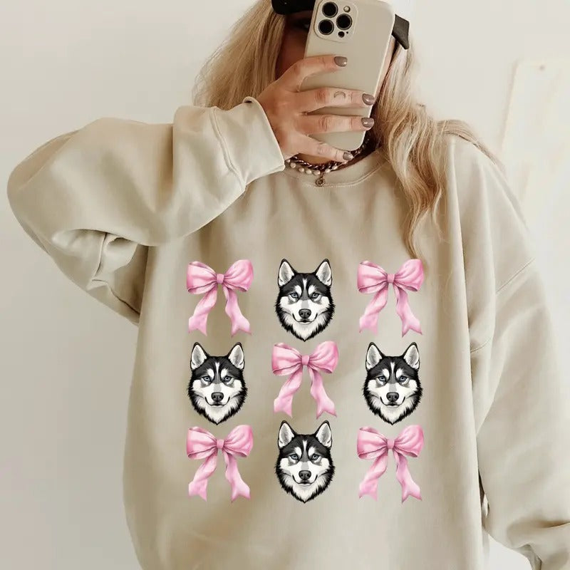 Husky with Bows Sweatshirt ~ Sweatshirt Unisex Apparel Relaxed Fit Printed in the USA Clothing Womenswear Casual and Comfortable