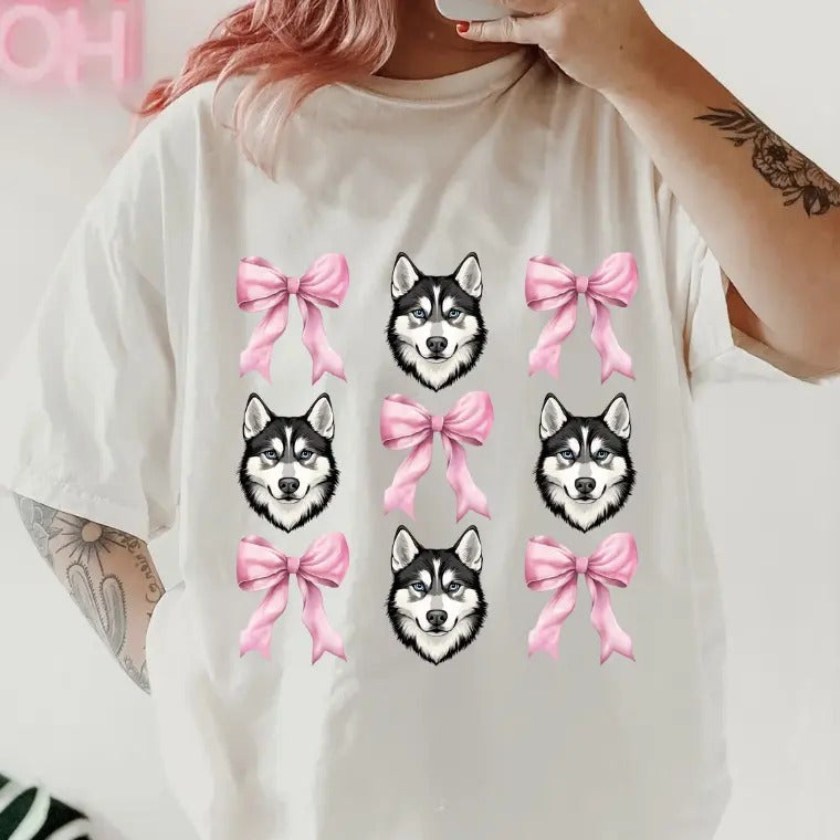 Husky with bows Shirt ~ Unisex Apparel Relaxed Fit Printed In The USA Clothing Womenswear Casual Comfort Cotton Top Athletic Boho Chic