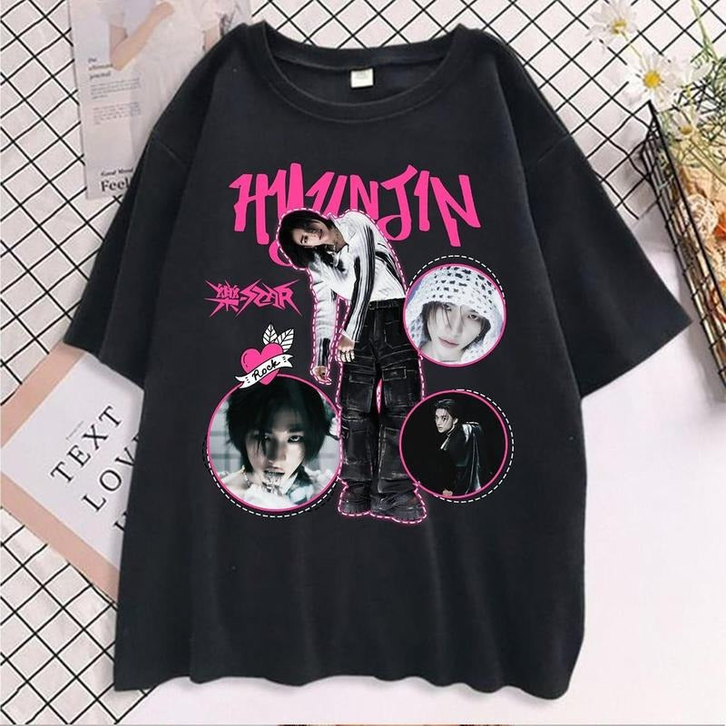 Hyunjin Rockstar Retro Shirt, Stray Kids Rockstar Shirt, Stray Kids Vintage Shirt, Hyunjin Stray Kids Shirt, Hyunjin Kpop Menswear Top Underwear Tshirt Man Streetwear Tropical Round Neck Crewneck Bestie T-Shirt Human