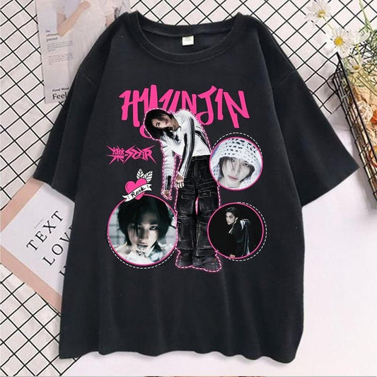 Hyunjin Rockstar Retro Shirt, Stray Kids Rockstar Shirt, Stray Kids Vintage Shirt, Hyunjin Stray Kids Shirt, Hyunjin Kpop Menswear Top Underwear Tshirt Man Streetwear Tropical Round Neck Crewneck Bestie T-Shirt Human