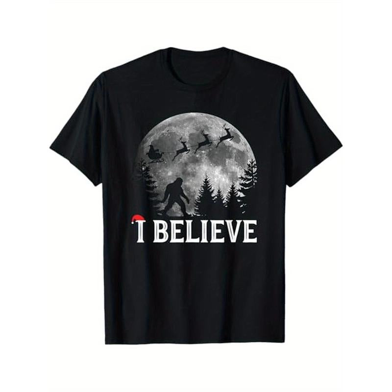 I Believe Sasquatch Christmas T-Shirt, Black, Cotton, Gift for Men Dad Friends Made in USA