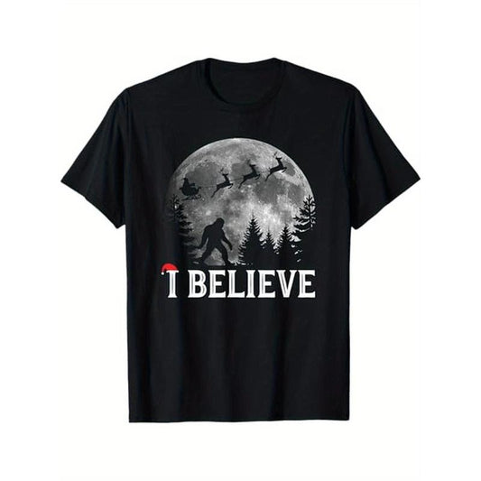 I Believe Sasquatch Christmas T-Shirt, Black, Cotton, Gift for Men Dad Friends Made in USA