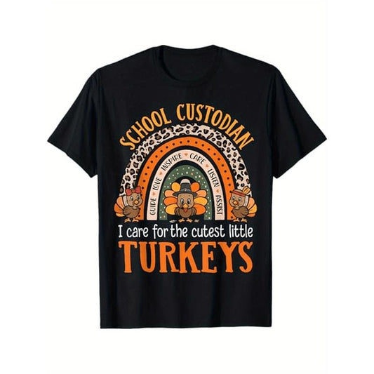 I Care For The Cutest Turkeys Thanksgiving School Custodian, 100% Cotton, Halloween Thanksgiving Christmas Gifts for Men Women Friends Family, S-XXXL, Black made in usa
