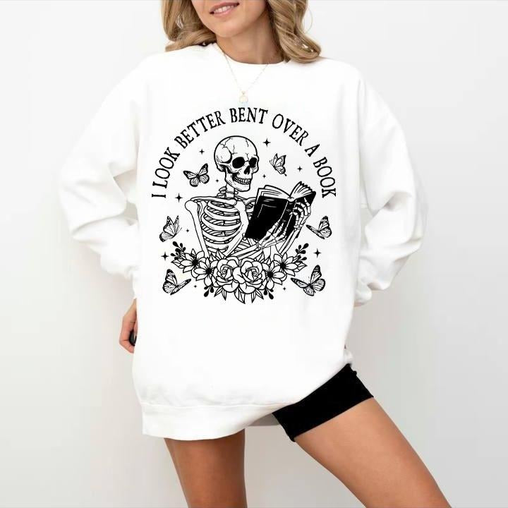 I Look Better Bent Over A Book design shirt, Book lover, read more books, Skeleton Book Design Shirts, Dark Romance...