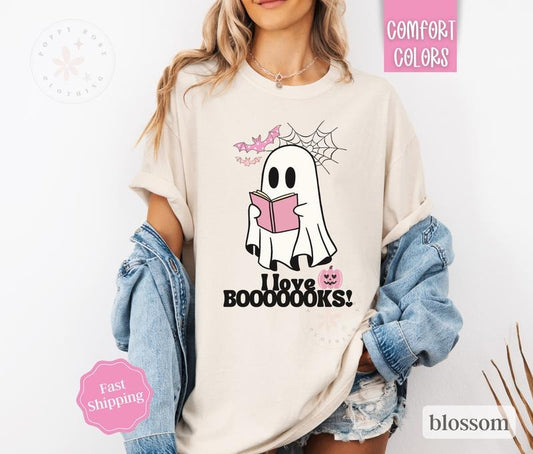 I Love Books Shirt Comfort Colors, Ghost Reading Tshirt, Teacher Halloween Tee