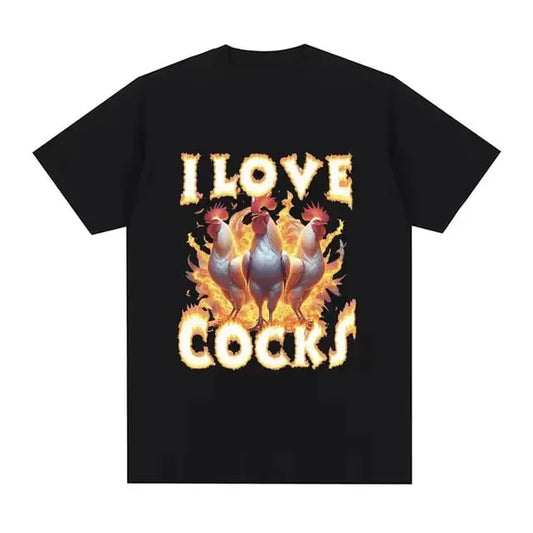 I Love Cocks Roosters Funny Meme Vintage Garaphic Tee Chicken Lovers Short sleeved T-shirt Women's oversized T-shirt Street Clothing Menswear Top
