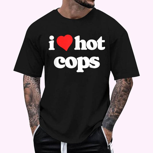 I Love Hot Cops Funny 80s Vintage Heart Policeman T-Shirt