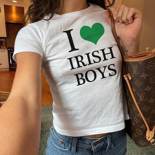 I Love Irish Boys Baby Tee  Y2K St Paddy Baby Tee, St Patricks Day Women's Fitted Tee, Y2K Clothing, Trendy Top, 90s Coquette Baby Tee