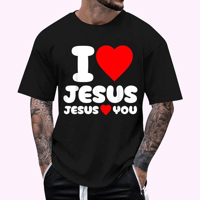 I Love Jesus and Jesus Loves You Christian T-Shirt - Men's Regular Fit Letter Graphic Round Neck Tee, Casual Short Sleeve, Crew Neck Shirt for Summer, Fashion Men's Top for daily Wear, Graphic Tees