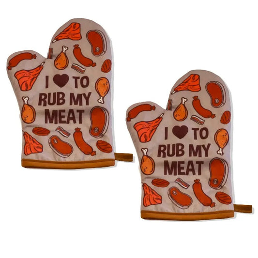 I Love to Rub My Meat Funny Baking Grilling BBQ Graphic Novelty Kitchen Glove Funny Graphic Kitchenwear Funny Food  Novelty Cookware Grey