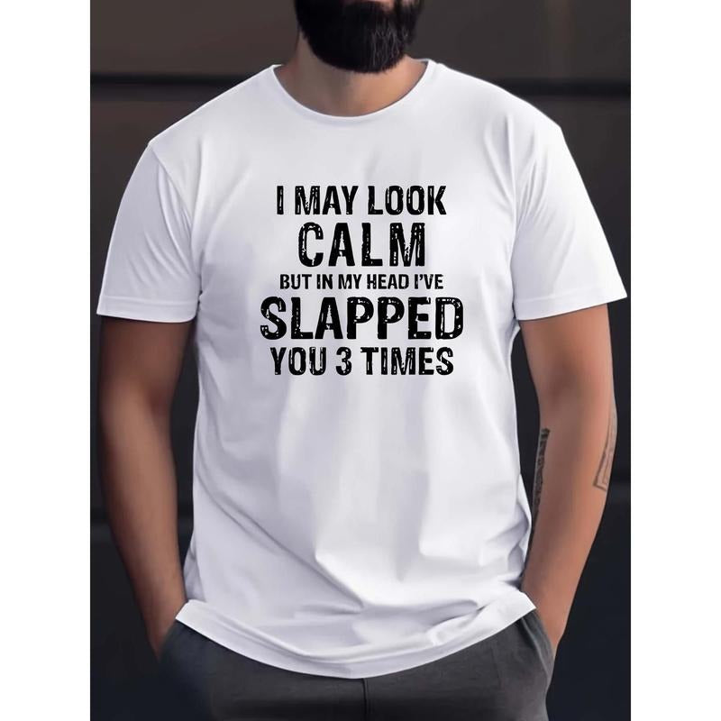 I MAY LOOK CALM Pattern Print Men's Casual Short Sleeve Round Neck T-Shirt, Breathable Trend Exquisite Soft Short Sleeve Sports Top made in USA