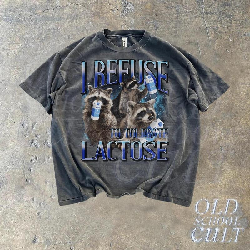 I Refuse To Tolerate Lactose Vintage Shirt, Retro Funny Raccoon Lactose T-Shirt, Funny 90s Tee, Relaxed Soft Cotton Shirt, Milk Joke Shirts