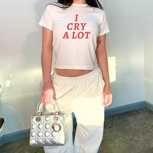 I cry a lot, but I am so productive Shirt Y2K Baby Tee Clowncore Baby Mental Health Baby Tee Summer Crop Top