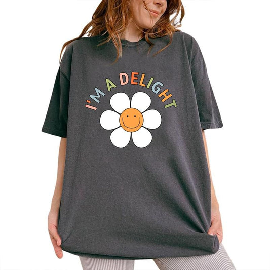 I'm A Delight Shirt, Retro Smiling Face Delightful Tee, Inspirational T-shirt, Motivational Saying Graphic Printed Women's Tops, Funny Saying Comfort Shirt, Gifts For Girls, Women's Tops Womenswear Cotton Fabric Relaxed Fit Chic Style