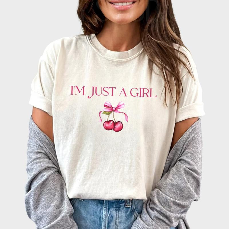 I'm Just A Girl Shirt, Coquette Cherry Tee, Coquette Girly Graphic Tee Women, Pinky Women Unhinged Shirt, Comfy Fabric...
