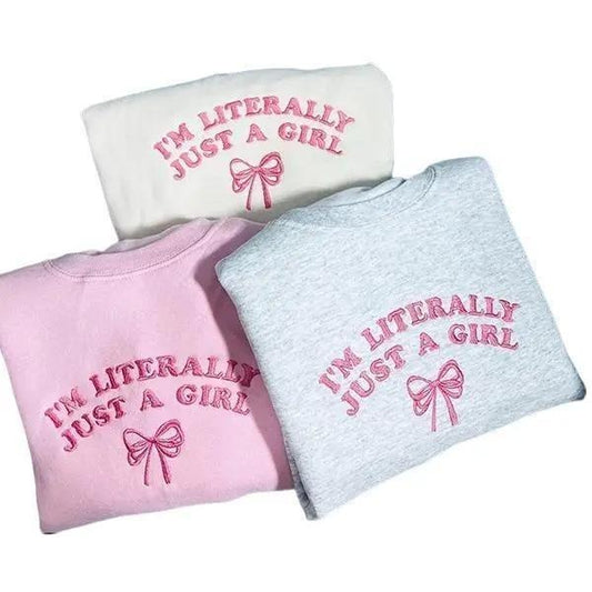 I'm Literally Just A Girl Embroidered Crewneck, I'm Just A Girl Coquette Sweatshirt, Pink Coquette Bow Sweater, Soft Girl...