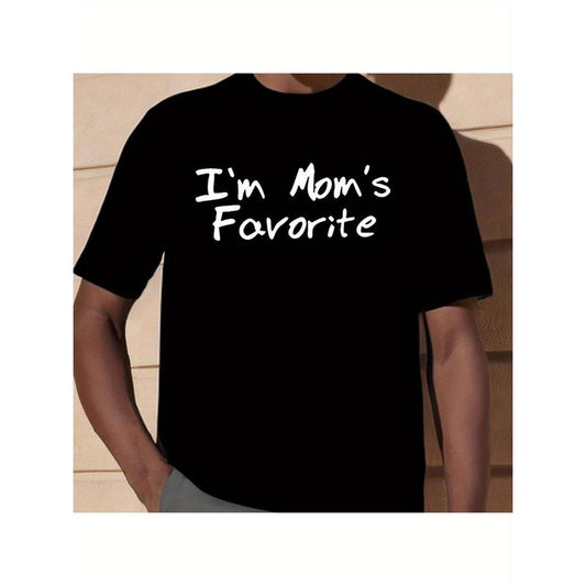 [I'm Mom's Favorite T-Shirt] 1pc "I'm Mom's Favorite" Print Crew Neck T-Shirt - 100% Cotton, Regular Fit, Slight Stretch, Knit Fabric, Applique Detail, Four Seasons, Golf & Mature Occasions Made in USA