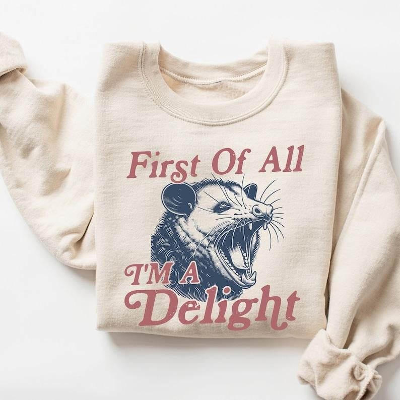I'm a Delight Sweatshirt, Funny Sweatshirt, First of All, Vintage Retro Graphic Shirt, Mental Health Shirt, Humor Sweatshirt Menswear Hoodie