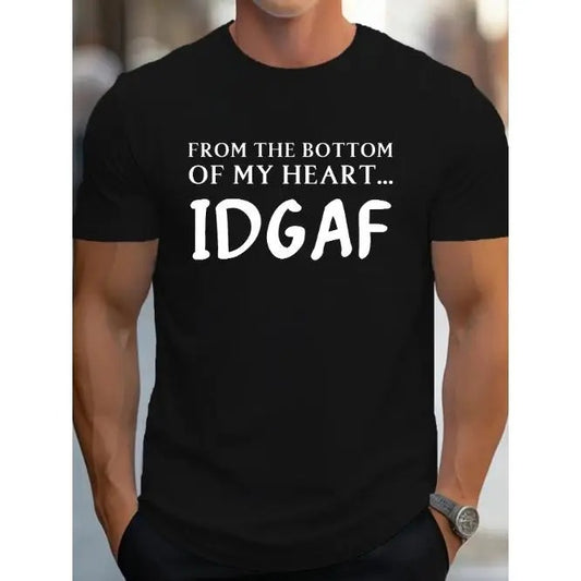 IDGAF Letter Print T Shirt, Tees For Men, Casual Short Sleeve Casual T-shirt Street Style For Spring Summer Made in USA