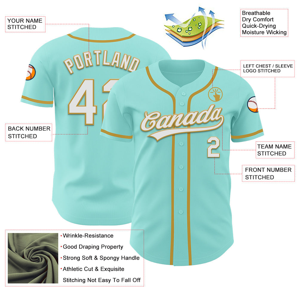 Custom Ice Blue White-Old Gold Authentic Baseball Jersey