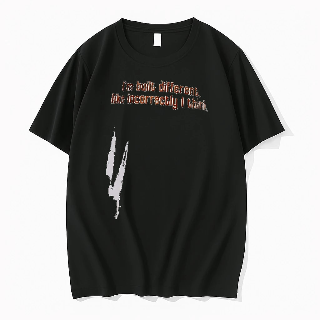 Im Built Different Like Incorrectly I Think Orange Text White Fabric Background Men Tshirts Sweater