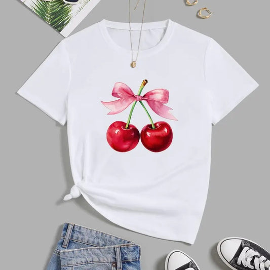 ImprinTee Women's Cherry Print Round Neck Tee, Vintage Trendy Casual Drop Shoulder Short Sleeve T-shirt For Daily Wear, Ladies Summer Outfit Sweatshirt, Hoodie, Comfort Colors