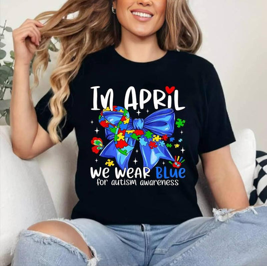 In April We Wear Blue Autism Awareness Coquette Bow Autism T-Shirt ,Unisex Cotton, Top Womenswear