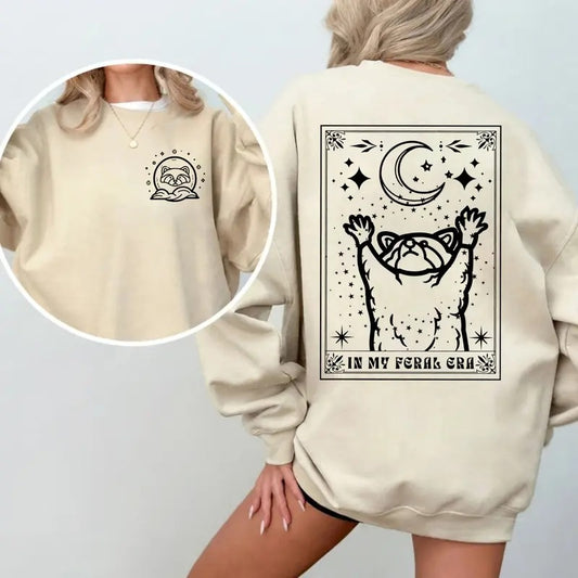 In My Feral Era Trash Raccoon Tarot Card 2-Sided Sweatshirt, Funny Animal Lover Hoodie, Unique Vintage-Style Graphic Pullover