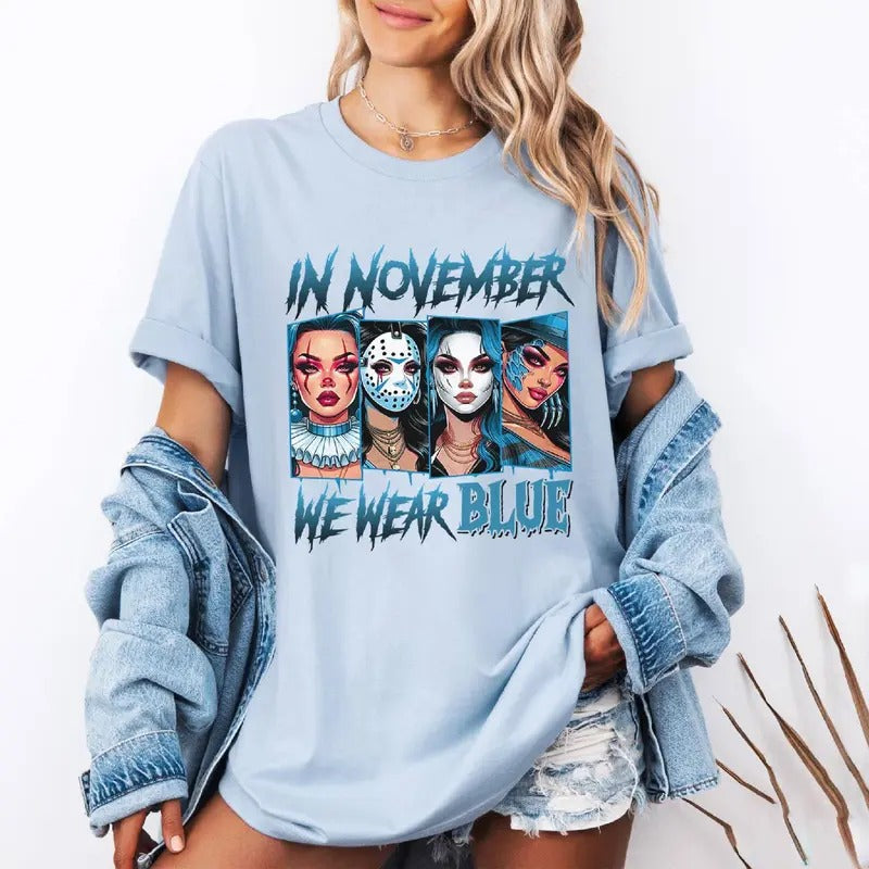 In November We Wear Blue Shirt Girl Halloween Character Diabetes Awareness Tshirt Diabetes Awareness Month Shirt