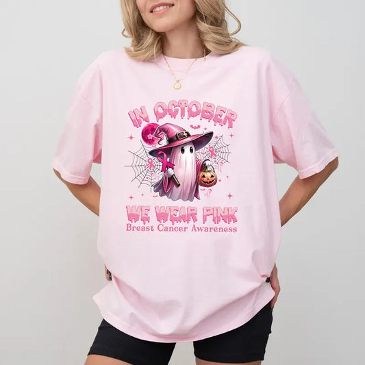 In October We Wear Pink Comfort Colors Shirt, Pinky Ghost Breast Cancer Warrior Unhinged Tees, Breast Cancer Awareness Oversized Graphic Printed Tee