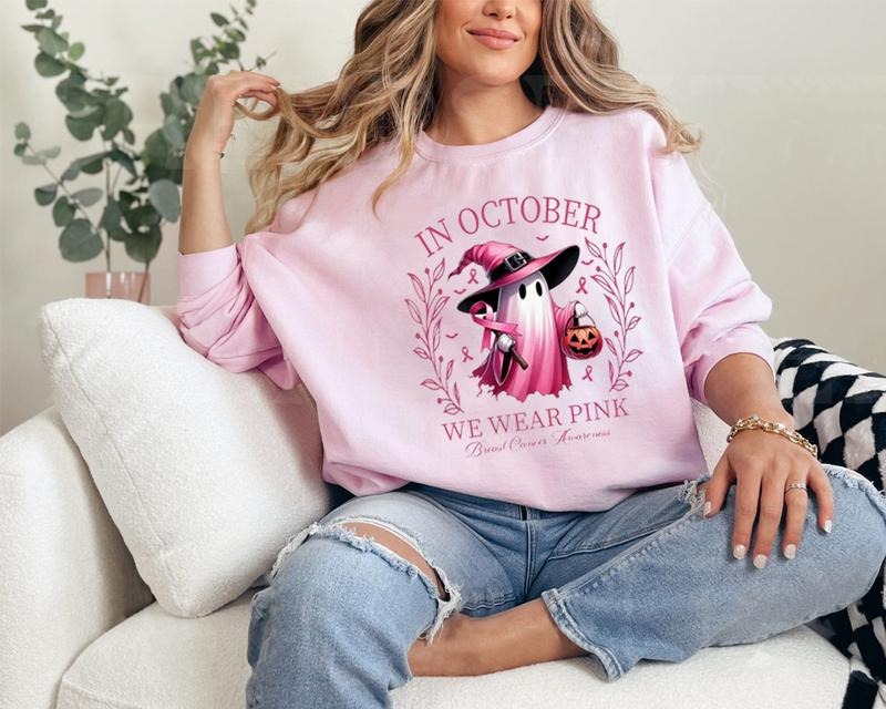 In October We Wear Pink Ghost Shirt, Halloween Tee, Pink Ribbon Shirt, Breast Cancer Awareness Shirt, We Wear Pink Shirt