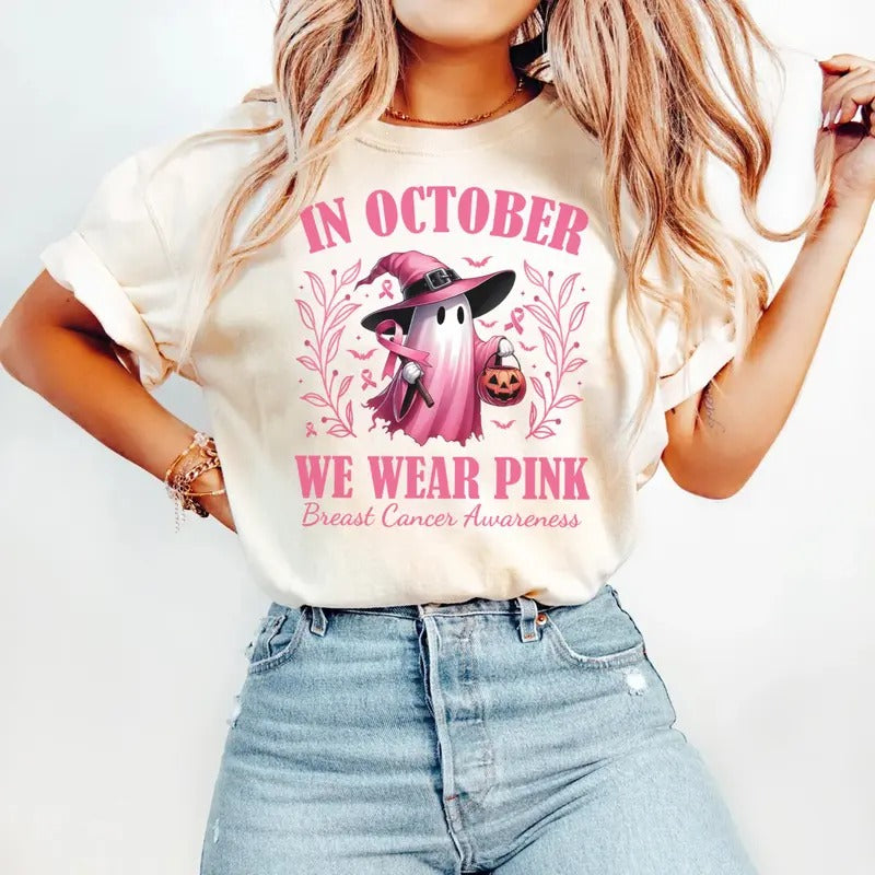 In October We Wear Pink Ghost Shirt, Halloween in October We Wear Pink, Breast Cancer Awareness Shirt, Pink Ribbon Shirt