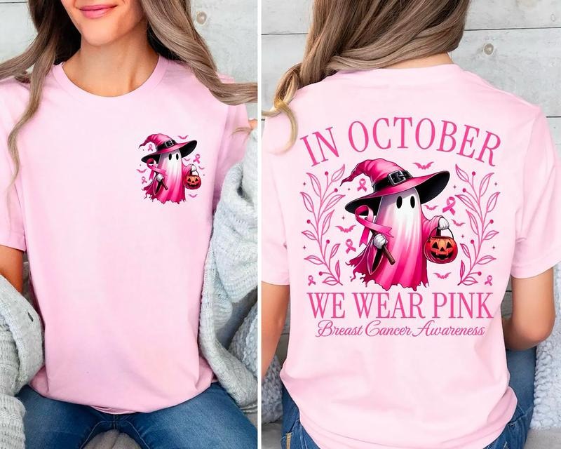 In October We Wear Pink Ghost Shirt, Halloween in October We Wear Sweatshirt, Breast Cancer Awareness Shirt, Pink Ribbon Sweater, Wear Pink Pumpkin