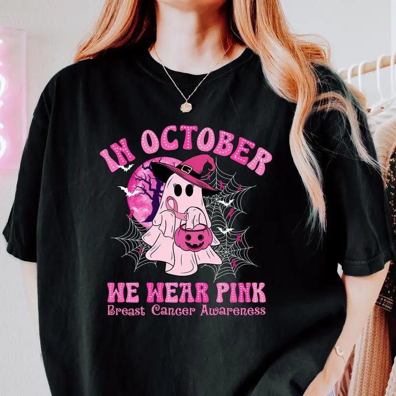 In October We Wear Pink Shirt Breast Cancer Awareness Shirt Retro Breast Cancer Shirt Halloween Pink Ghost Shirt Cute Ghost Shirt