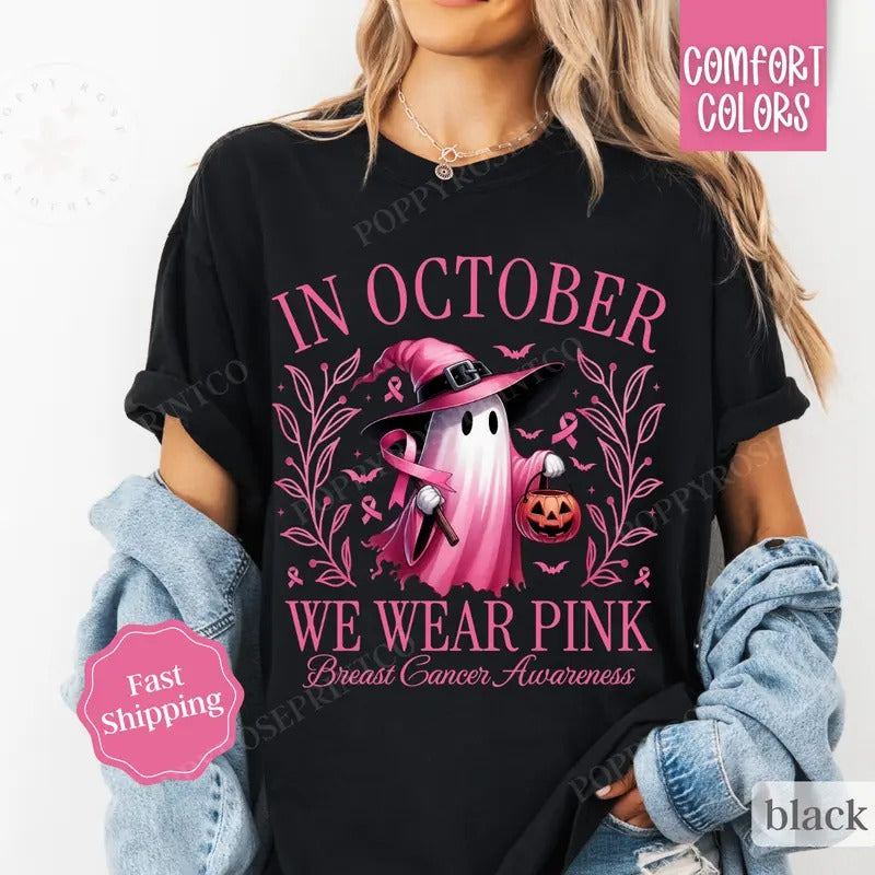 In October We Wear Pink Shirt Comfort Colors, Breast Cancer Awareness Tee, Halloween Shirt,  Women Oversized Crewneck Tee