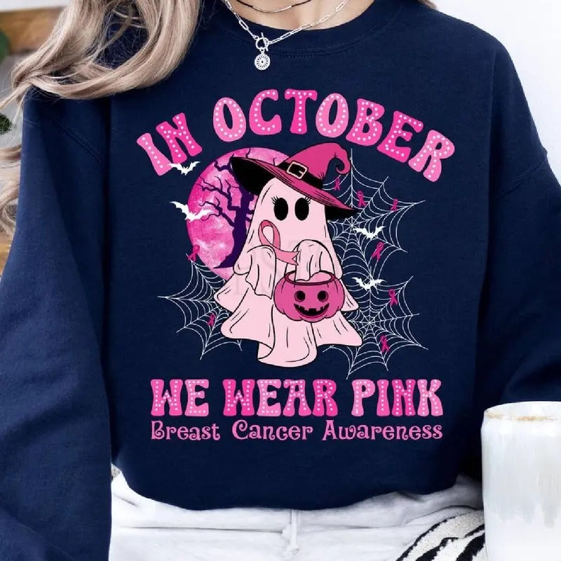 In October We Wear Pink Shirt, Breast Cancer Awareness Shirt, Pink Ghost And Pumpkin Shirt, Breast Cancer Month Halloween Tshirt best couples