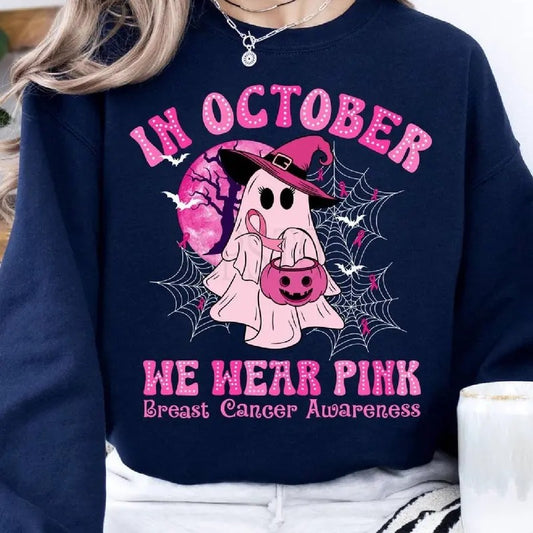 In October We Wear Pink Shirt, Breast Cancer Awareness Shirt, Pink Ghost And Pumpkin Shirt, Breast Cancer Month Halloween...