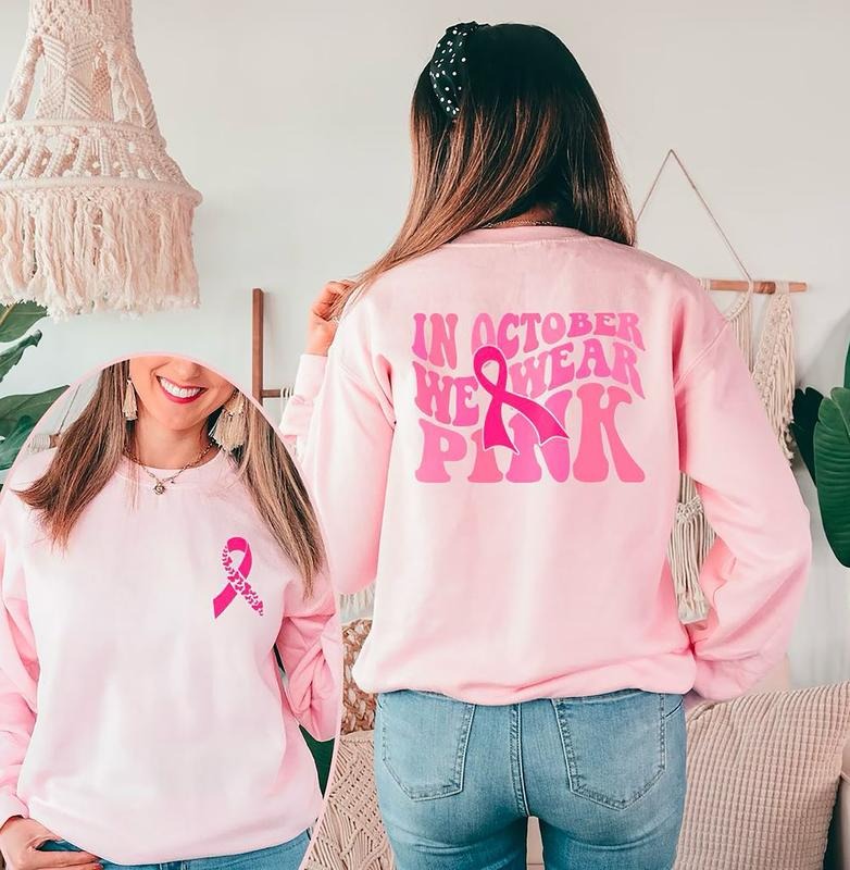 In October We Wear Pink Shirt, Breast Cancer Awareness Sweatshirt, Pink Ribbon Shirt, Breast Cancer Support Gift Crewneck, Ribbon Breast Cancer Sweater