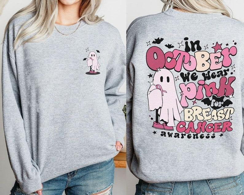 In October We Wear Pink Shirt, Breast Cancer Shirt, Breast Cancer Awareness, Cancer Support Shirt, Breast Cancer Month, Halloween Ghost Tee