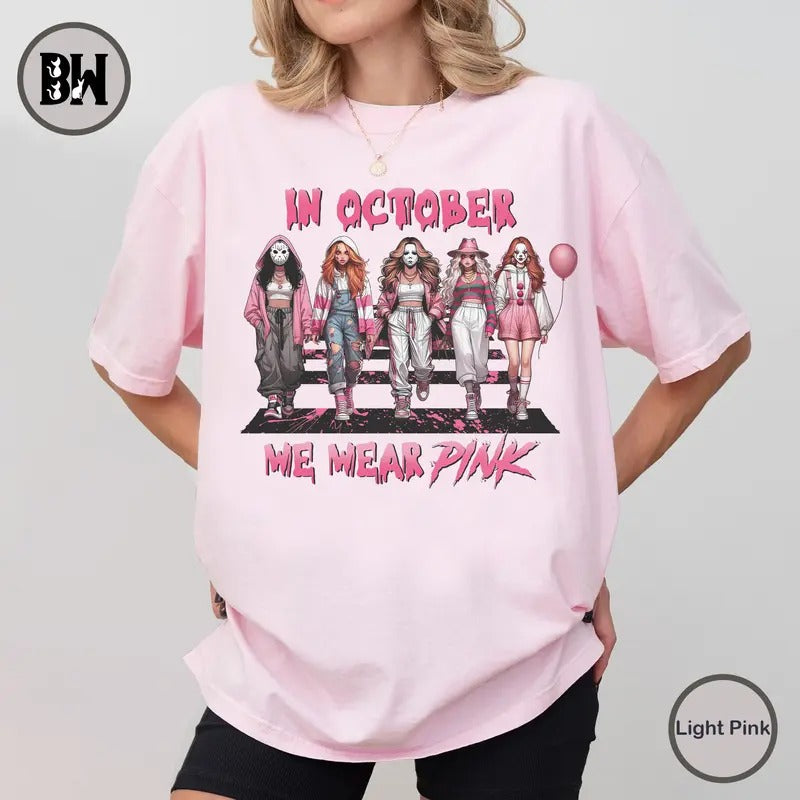 In October We Wear Pink Shirt, Pink Breast Cancer Shirt, Breast Cancer Survivor Shirt, Pink Slasher Movie Shirt, Halloween Shirt, Horror Movie Shirt